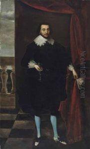 Portrait Of A Gentleman Traditionally Identified As Philip Lord Wharton (1613-1696), Full-length, In A Black Coat And Blue Stockings... by Daniel Mytens the Elder