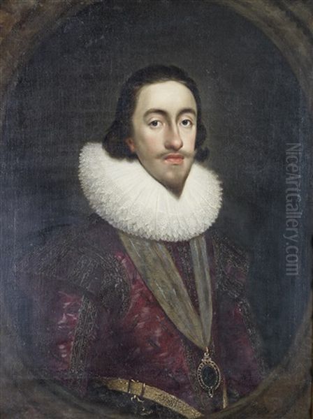 Portrait Of Charles I, Half-length, Wearing The Badge Of The Order Of The Garter, Within A Painted Oval - view 1
