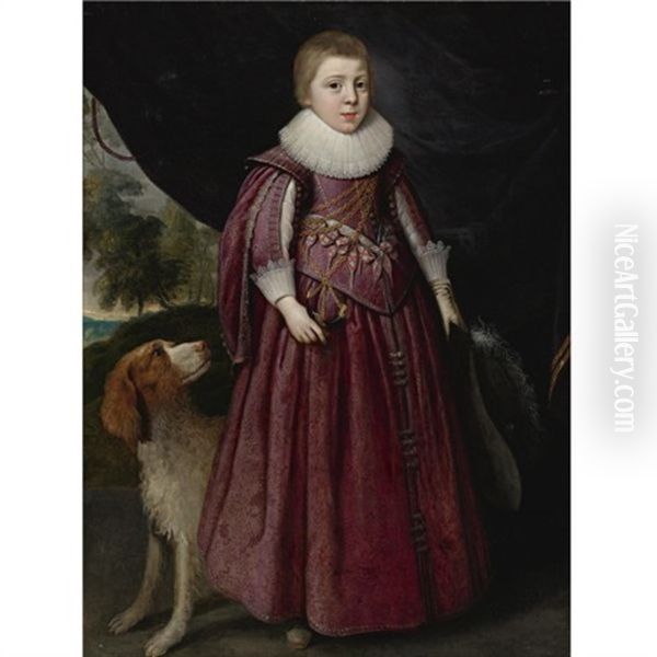 Portrait Of A Young Boy, Standing, In A Maroon Dress And A White Ruff, Holding A Plumed Hat In His Left Hand, With A Spaniel - view 1