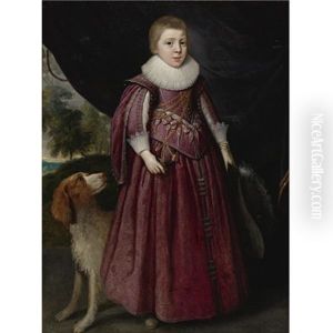 Portrait Of A Young Boy, Standing, In A Maroon Dress And A White Ruff, Holding A Plumed Hat In His Left Hand, With A Spaniel