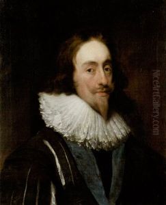 Portrait Of Charles I In A Slashed Dark Blue Tunic, Ruff And The Ribbon Of The Order Of The Garter by Daniel Mytens the Elder