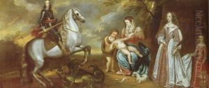 The Madonna And Child Flanked By An Equestrian Portrait Of A Prince And His Wife And Daughter