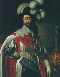 Portrait Of Charles I In A Grey Slashed Tunic And Plumed Hat With A Crown And Orb Beside Him On A Ledge