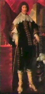 Portrait Of Count William Lv, Standing Full Length, Wearing An Elaborate Costume And The Order Of Saint James by Daniel Mytens the Elder