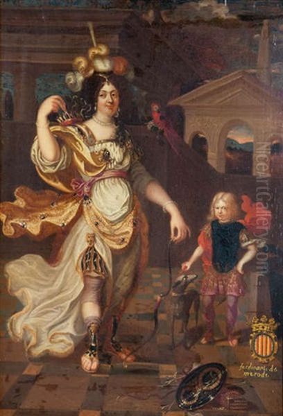 Portrait D'une Dame (anne Francoise-hubertine Carondelet Et De Son Fils (ferdinand De Merode) Devant Des Batiments Classiques - view 1