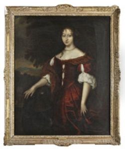 Portrait Of A Young Woman Standing In A Landscape, Wearing A Red Dress And With A Dog by Daniel Mytens the Younger