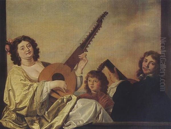 En Elegant Couple Playing A Theorbo-lute And A Lute Together With A Boy Singing - view 1