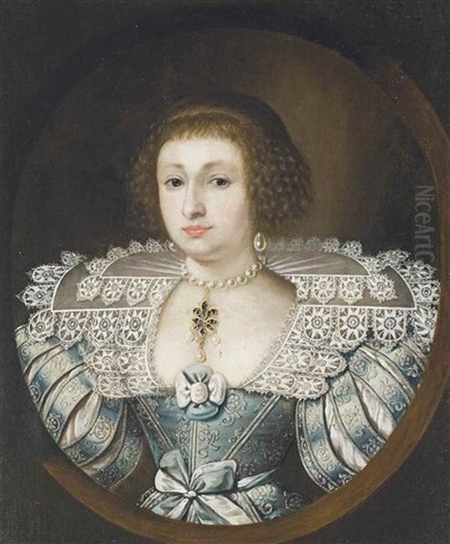 Portrait Of A Lady, Half-length, In A Blue Dress With Slashed Sleeves And A Lace Ruff, In A Feigned Oval - view 1