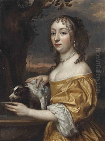 Portrait Of Henriette Catherina Van Oranje-nassau (1637-1708), Small Three-quarter-length, In A Yellow Dress At A Fountain With A Spaniel - view 1