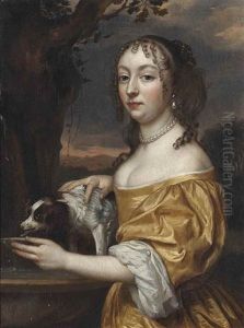 Portrait Of Henriette Catherina Van Oranje-nassau (1637-1708), Small Three-quarter-length, In A Yellow Dress At A Fountain With A Spaniel