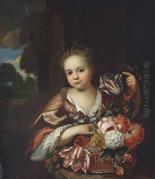 Portrait Of A Young Girl, Half-length, With A Red Dress And Pearl Earrings, With A Basket Of Flowers And A Flower Garland, A Wooded Landscape Beyond - view 1