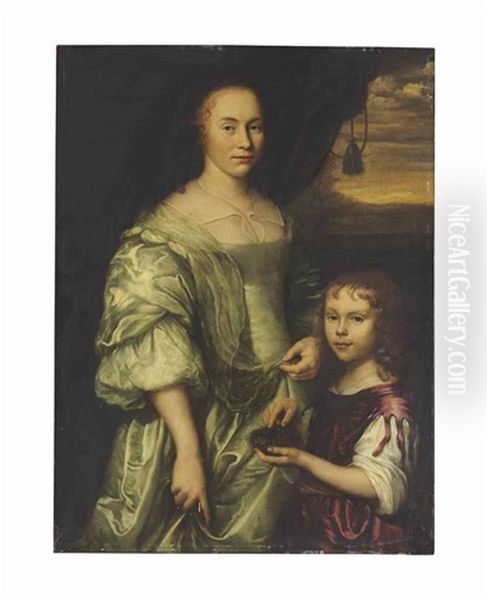 Portrait Of A Lady With A Boy Holding A Bird's Nest - view 1