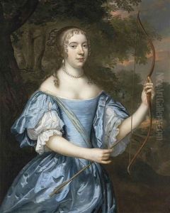 Portrait Of A Lady As Diana, In A Blue Dress With Pearls, Holding A Bow In Her Left Hand And An Arrow In Her Right, In A Landscape