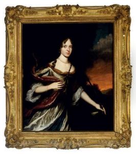 Portrait Of A Lady As Diana Wearing A White And Lavender Satin Dress In A Landscape With A Dog