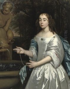Portrait Of Margaretha De Ruyterthree-quarter-length, In A White Satin Dress With A Blue Wrap, A String Of Pearls In Her Hand, Standing In A Park Landscape Near A Fountain by Jan Mytens