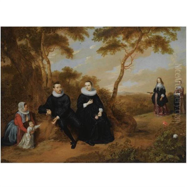 A Portrait Of A Gentleman And His Wife, Their Son And A Wet Nurse, Seated In A Wooded Landscape, Their Daughter And A Maid Approaching On A Path - view 1