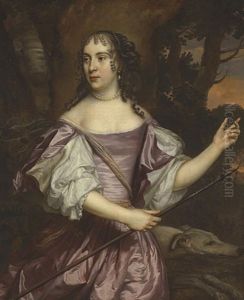 Portrait Of A Lady As Diana Wearing A Lavender And White Satin Dress, Beside A Hound In A Landscape