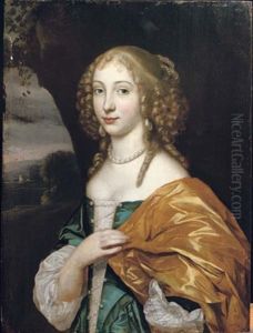 Portrait Of A Young Lady (mlle De La Valleiere, Mistress Of Louis Xiv?) In A Blue Dress With Pearls And An Ochre Wrap, A Landscape Beyond