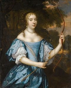 Portrait Of A Lady As Diana, Three-quarter Length, Wearing A Blue Silk Dress And A Pearl Necklace, And Holding A Bow And Arrow by Jan Mytens