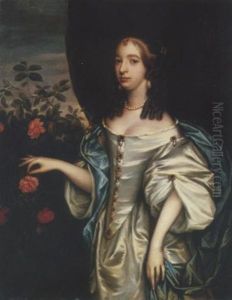 Portrait Of A Lady In A Grey Satin Dress And Pearl Jewels, Beside A Rose Bush