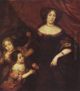 Portrait Of A Lady With Her Two Daughters, One Holding An Orange Tree, And The Other Roses