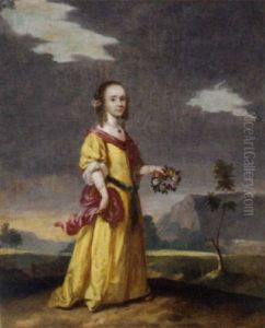 Portrait Of A Girl In A Yellow Dress Holding A Wreath, A Landscape Beyond