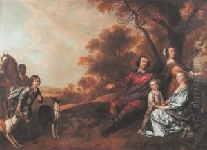 A Family Group Portrait Of A Lady And Gentleman, Their Son, Two Daughters With Dogs And A Horse Held By A Blackamoor by Jan Mytens