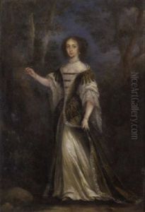 A Portrait Of A Lady In A Wooded Glade Writing An Inscription On The Bark Of A Tree by Jan Mytens