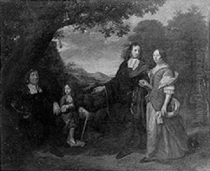 Group Portrait Of A Family In A Landscape: A Gentleman And His Wife Standing, Pointing To Their Son