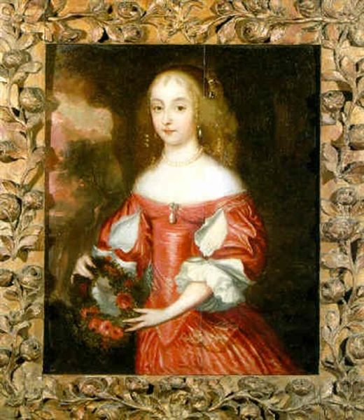 Portrait Of A Lady, Wearing A Red Silk Dress, Holding A Garland Of Roses - view 1