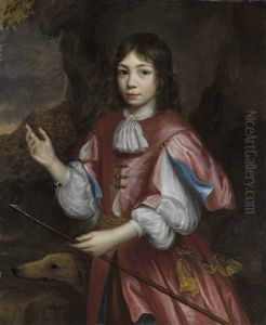 Portrait Of A Boy With A Dog And Spear, Three-quarter-length, A Rocky Landscape Beyond