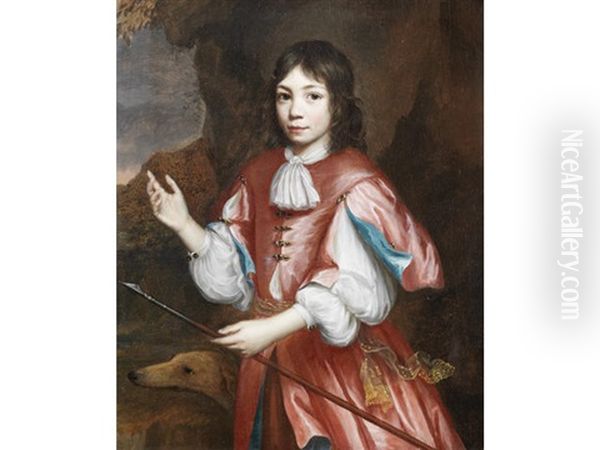 Portrait Of A Boy, Three-quarter-length, Standing Beside A Rock, His Hand Resting On The Hilt Of His Sword (+ And Portrait Of A Boy, Three-quarter-length, In Red Costume Holding A Spear, A Hound At His Side; Pair) - view 1