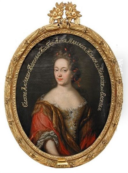 Portratt Av Anna Margareta Holmer Gift Med Konteramiralen Friherre Johan Jakob Bogeman Kladd I Brokadklanning Med Rod Drapering - view 1
