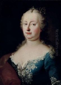 Portrait Of Empress Maria Theresa Von Habsburg In A Silver Embroidered Blue Dress And A Red And Gold Wrap
