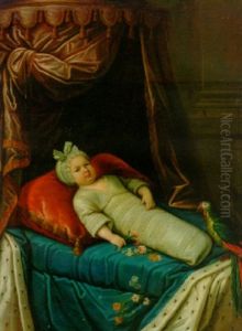 Portrait Of A Child (the Infant De France?) In Swaddling Clothes With A Parrot On A Canopied Bed With An Ermine Lined Cover And A Crimson Cushion by Martin Ii Mytens