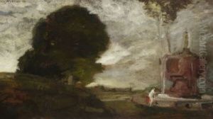 Parklandschaft Mit Badender Am Brunnen