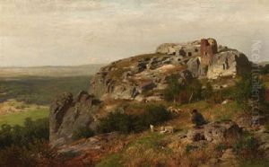 Schafer Mit Herde Vor Der Burgruine Kynast Im Riesengebirge by Wilhelm Julius August Nabert