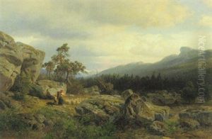 Gebirgslandschaft Mit Einer Schaferin, Ihrem Kind Und Ihrer Herde by Wilhelm Julius August Nabert