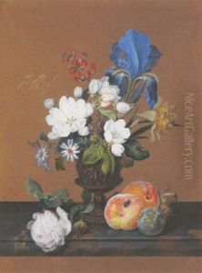 A Vase Of Roses, An Iris, Blue Daisies And Other Flowers On A Ledge With A Fly Setting On Two Peaches An A Greengage