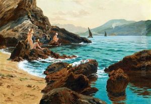Croatian Beach With Bathers (dalmatia) by Robert Nadler
