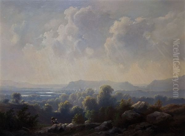 Sachsische Berglandschaft Mit Wanderer In Regnerischer Stimmung - view 1