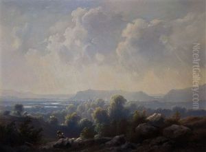 Sachsische Berglandschaft Mit Wanderer In Regnerischer Stimmung