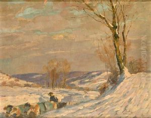 Bauer Mit Ochsengefahrt In Sonnig Beleuchteter Schneelandschaft by Wilhelm Nagel