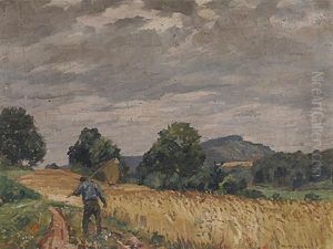 Bauer Mit Geschulterter Sense Auf Dem Weg Neben Einem Kornfeld
