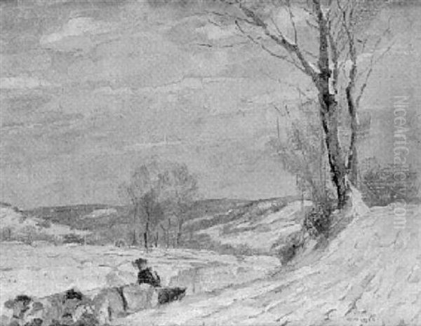 Schneelandschaft Mit Ochsenkarren In Der Letzten Abendsonne - view 1