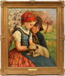 Boy And Girl With Puppy by Ernest De Nagy