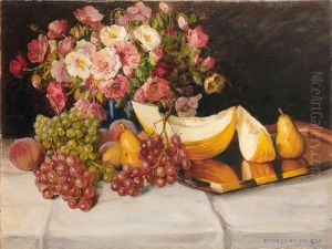 Stilleben Mit Melonen, Trauben, Birnen Und Prachtvollem Mohnblumenstraus by Ernest De Nagy