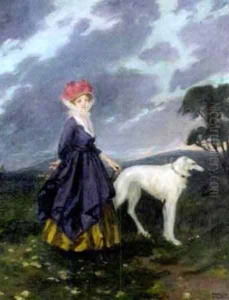 Dame Mit Windhund In Landschaft - view 1