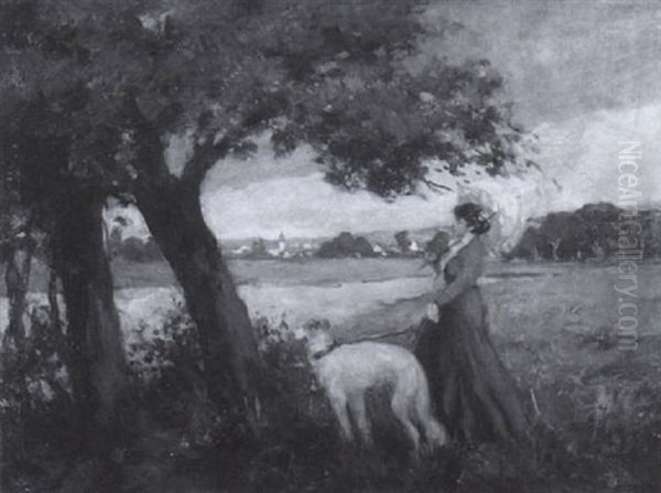 Dame Mit Windhund In Landschaft - view 1