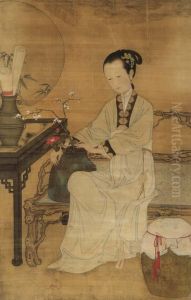 Lady Admiring Flowers by Jiao Bingzhen